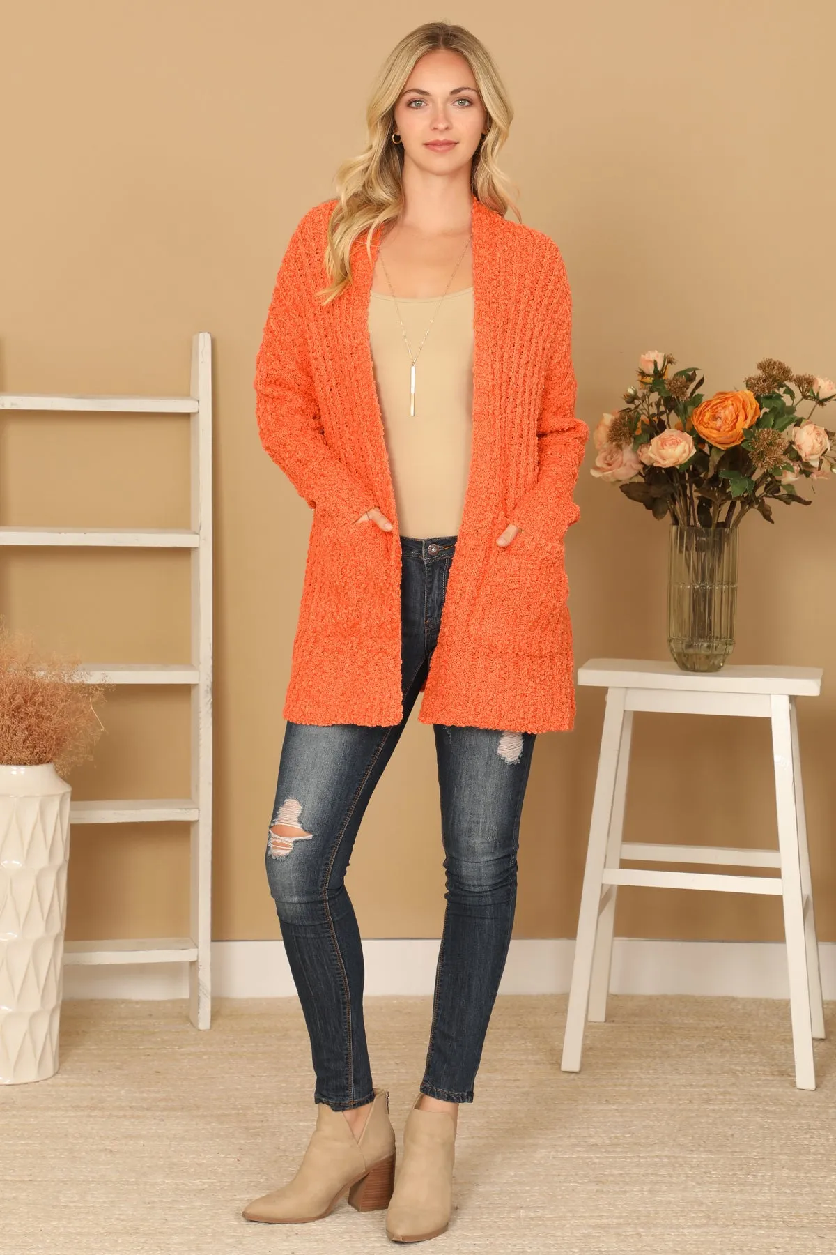 POPCORN FRONT POCKET OPEN CARDIGAN