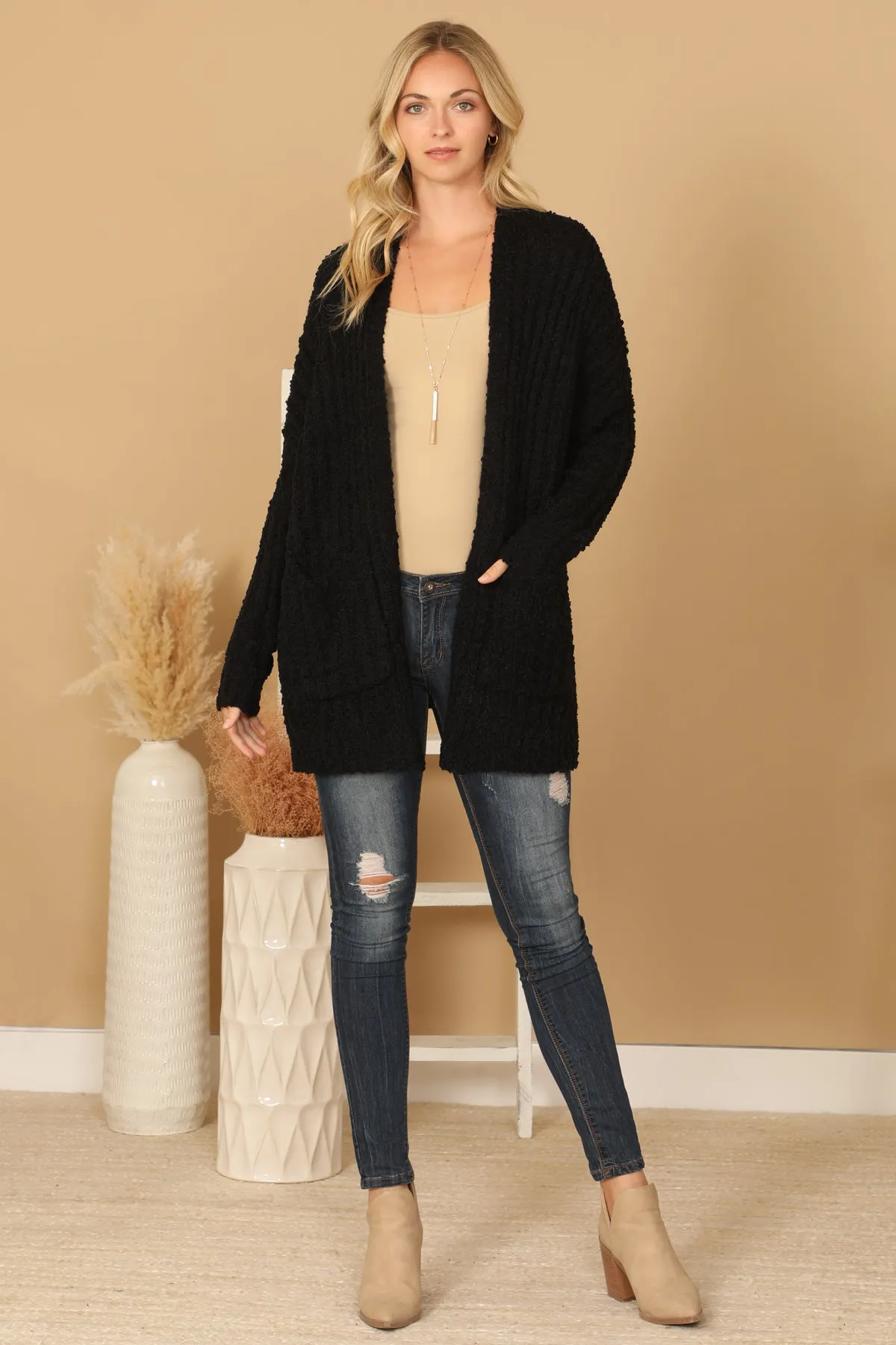 POPCORN FRONT POCKET OPEN CARDIGAN