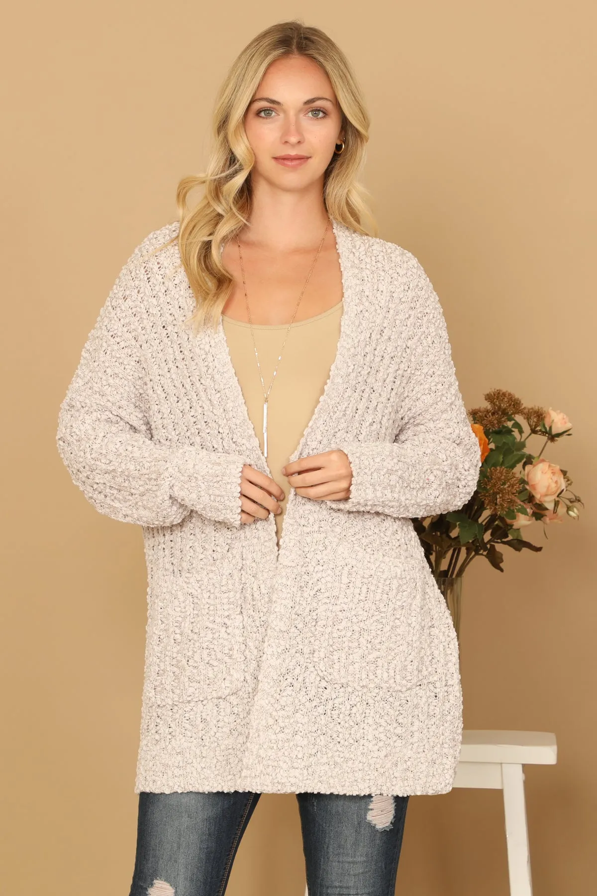 POPCORN FRONT POCKET OPEN CARDIGAN
