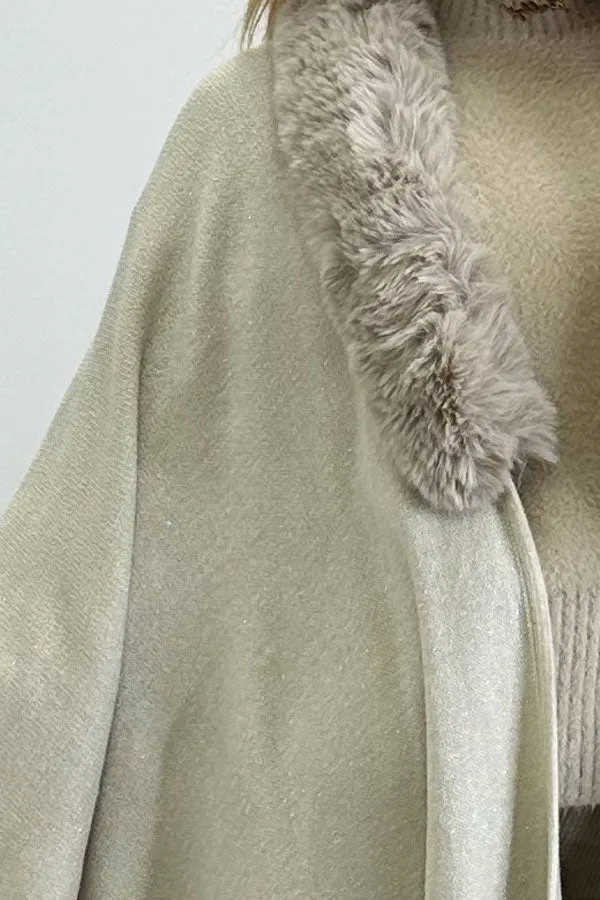 Ramona Beige Textured Faux Fur Trim Cape