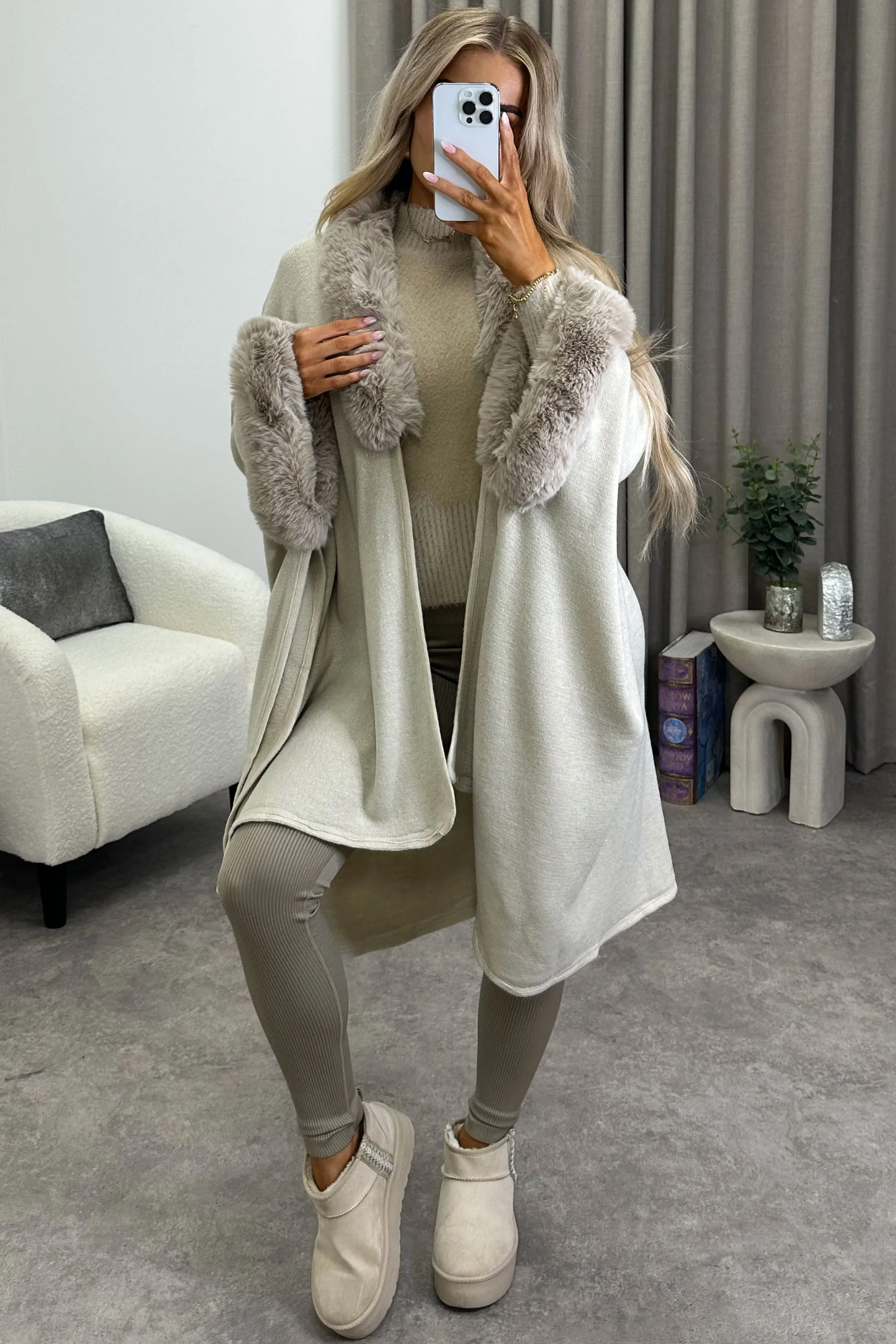 Ramona Beige Textured Faux Fur Trim Cape