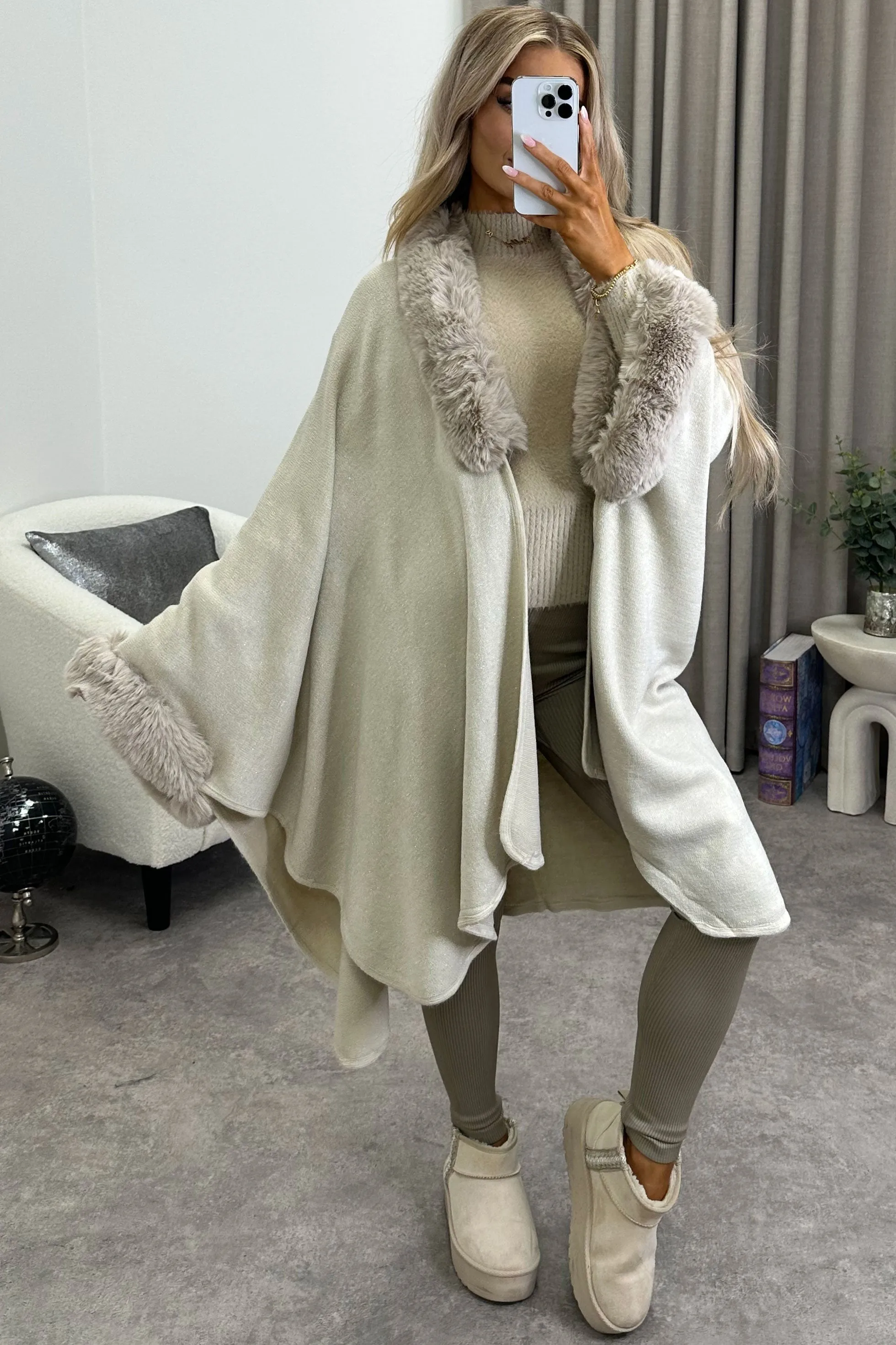 Ramona Beige Textured Faux Fur Trim Cape