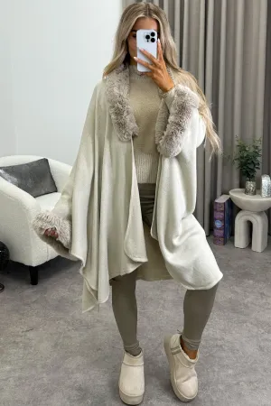 Ramona Beige Textured Faux Fur Trim Cape