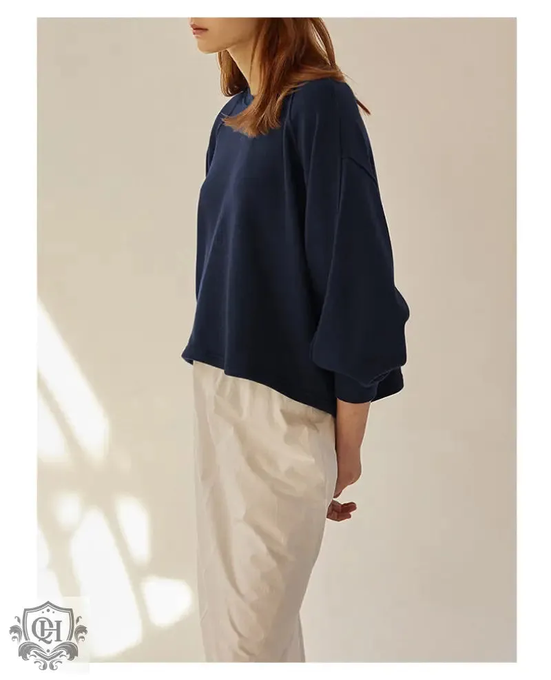 Round Neck Lantern Sleeves Pullover