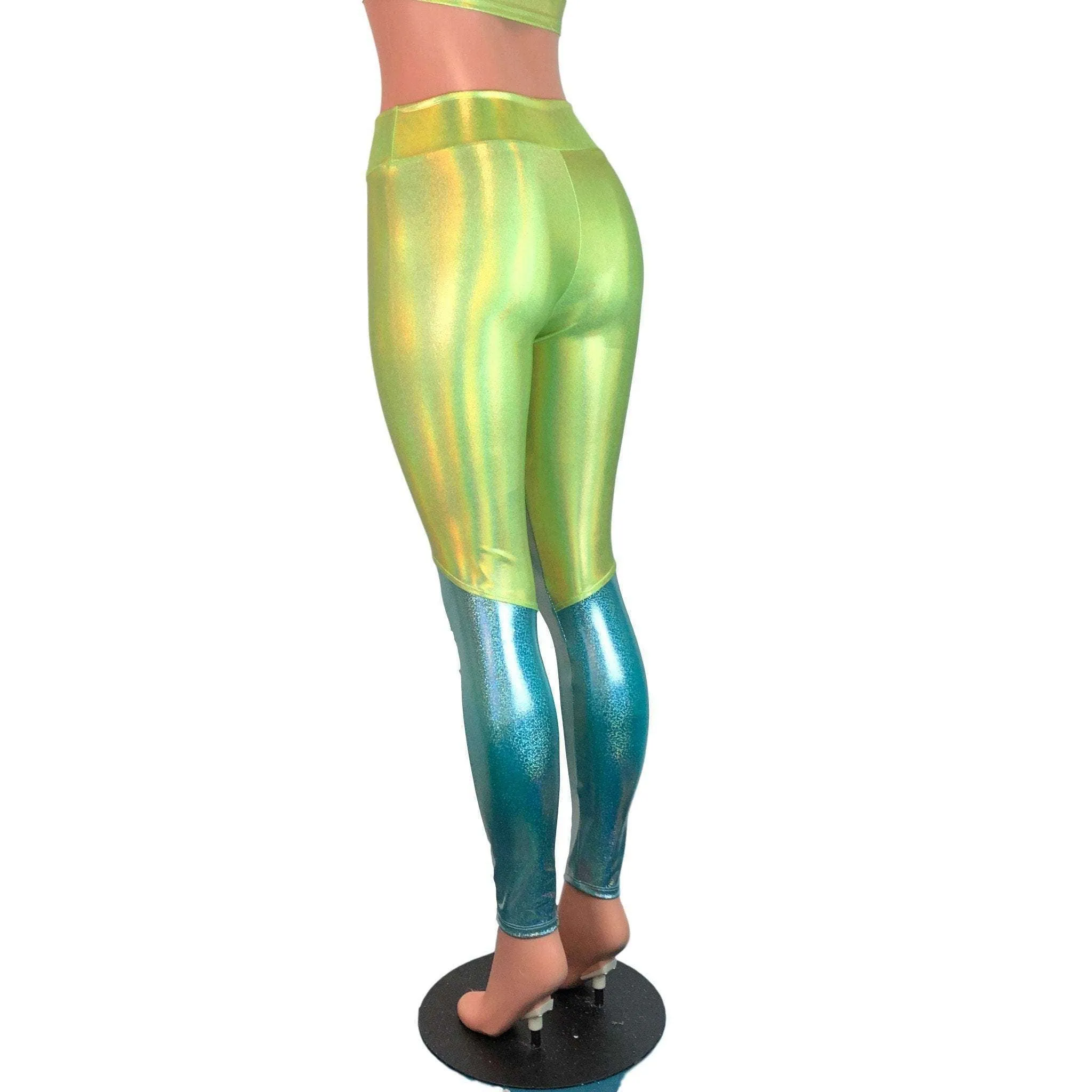 SALE - MEDIUM - Lime Green and Jade Blue Holographic Mystique *Mid-Rise* Leggings