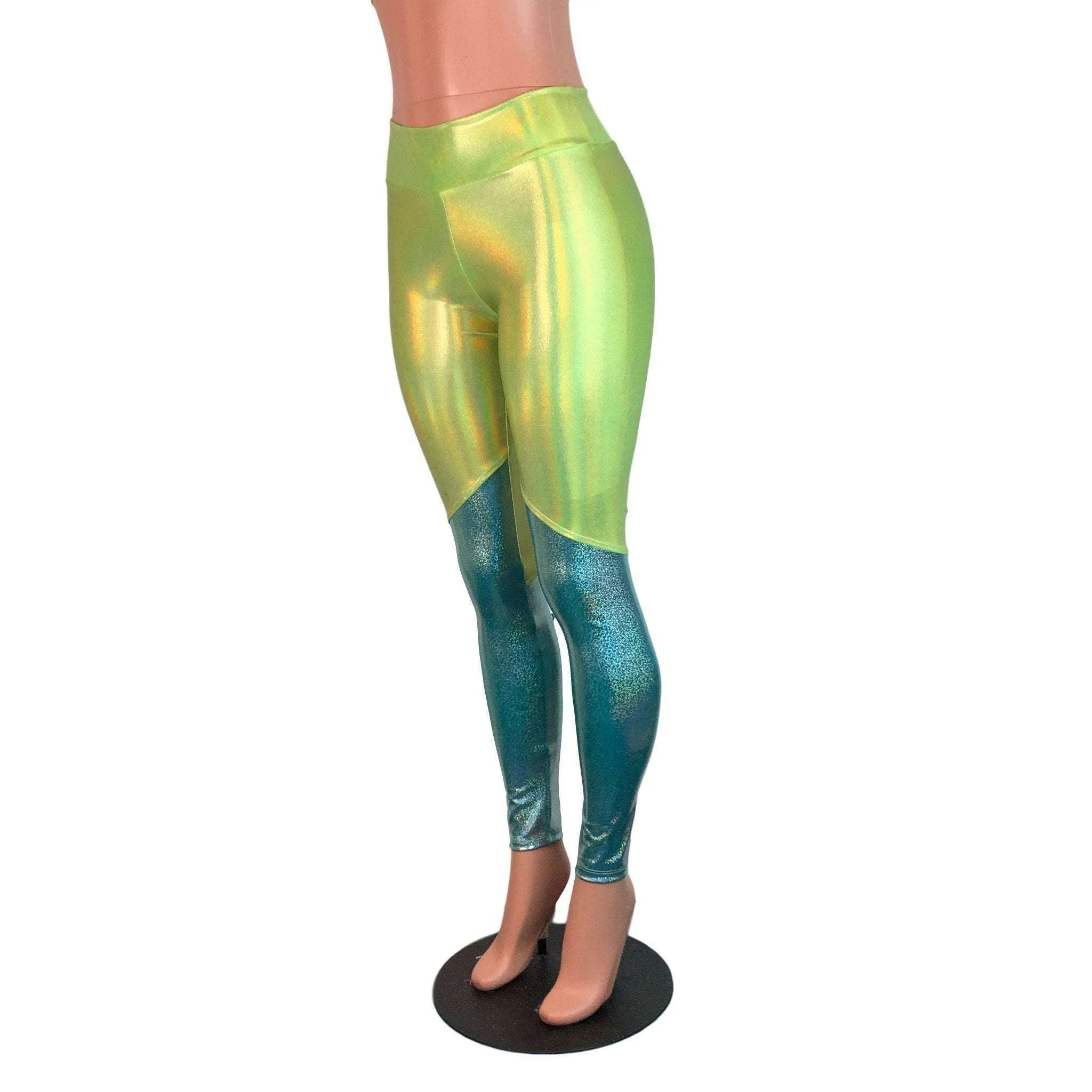 SALE - MEDIUM - Lime Green and Jade Blue Holographic Mystique *Mid-Rise* Leggings