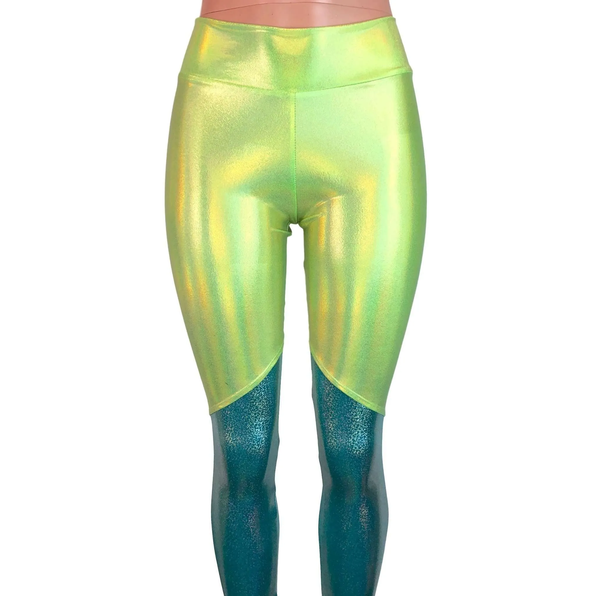 SALE - MEDIUM - Lime Green and Jade Blue Holographic Mystique *Mid-Rise* Leggings