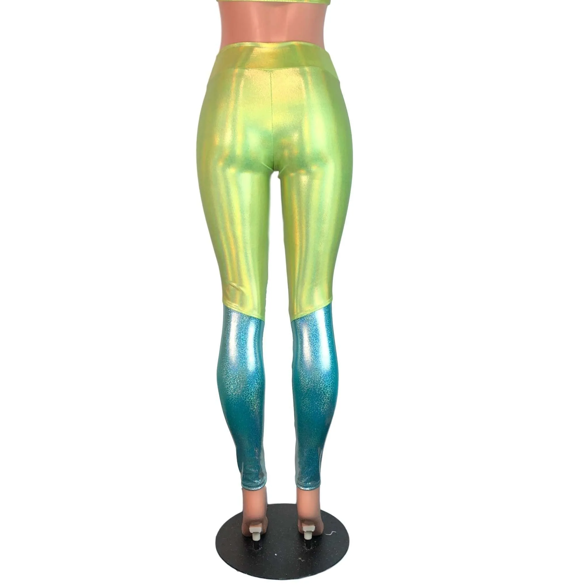 SALE - MEDIUM - Lime Green and Jade Blue Holographic Mystique *Mid-Rise* Leggings