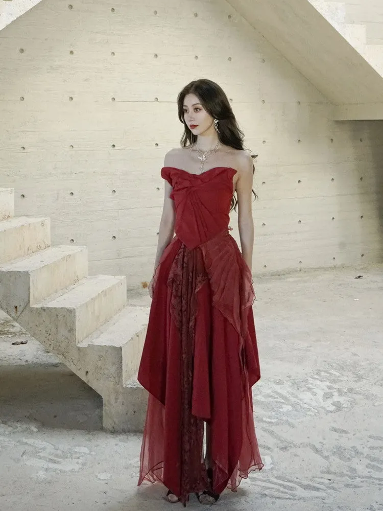 Set-Up Cicid Ciffon Chic Bare-Top Tops＆Long-Skirt