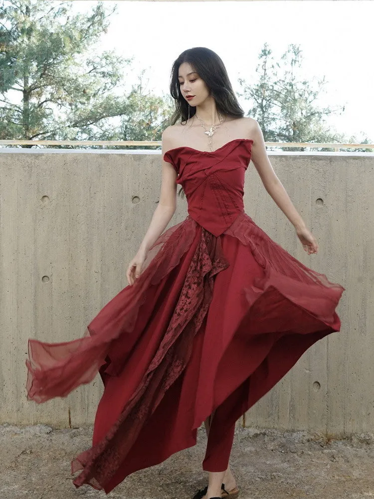 Set-Up Cicid Ciffon Chic Bare-Top Tops＆Long-Skirt