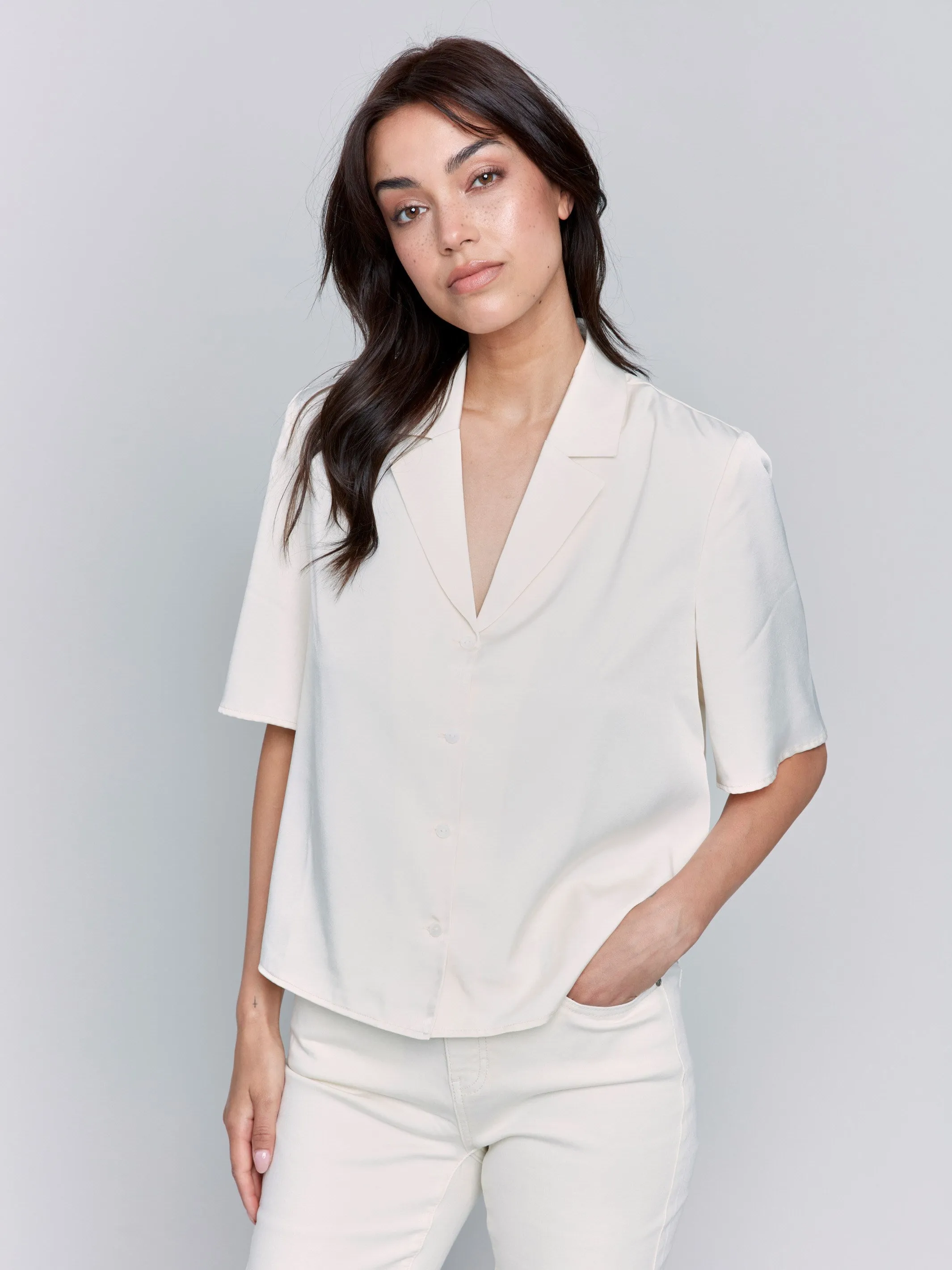 Short Sleeve Satin Button-Up Shirt - Ecru
