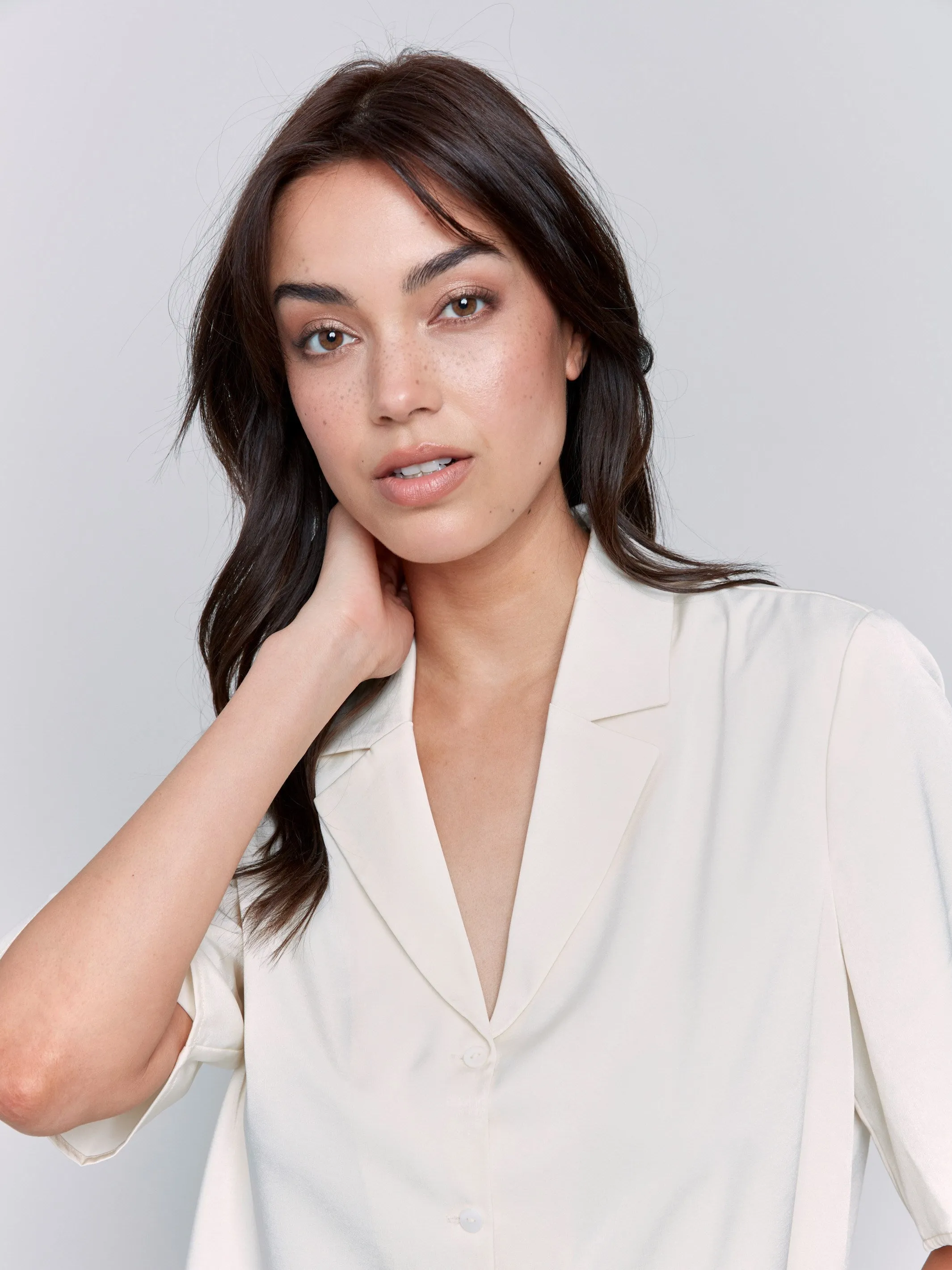 Short Sleeve Satin Button-Up Shirt - Ecru