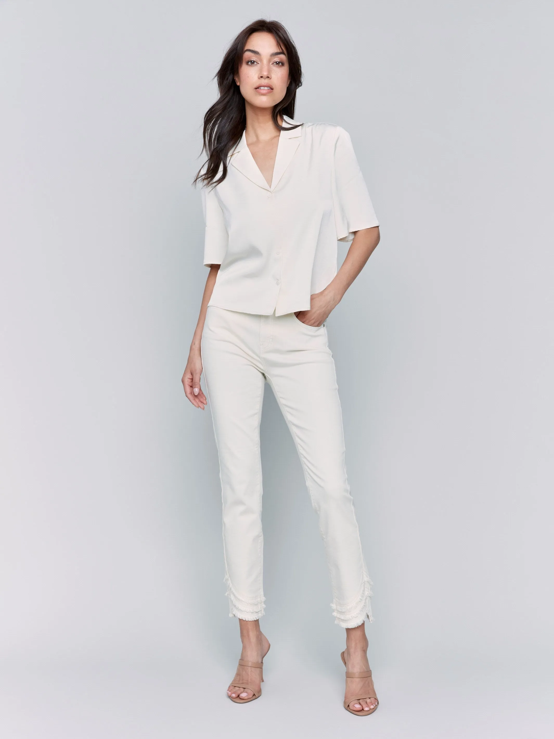 Short Sleeve Satin Button-Up Shirt - Ecru