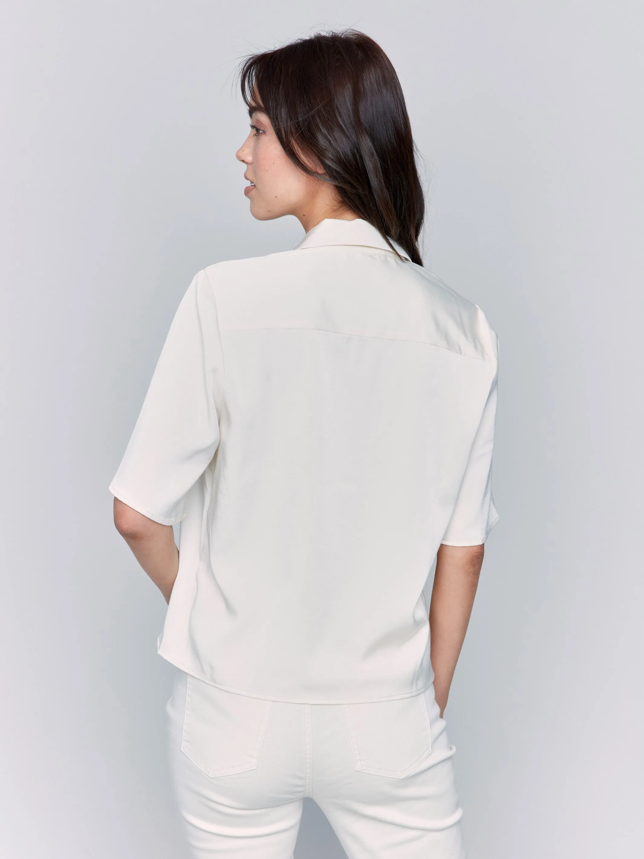 Short Sleeve Satin Button-Up Shirt - Ecru