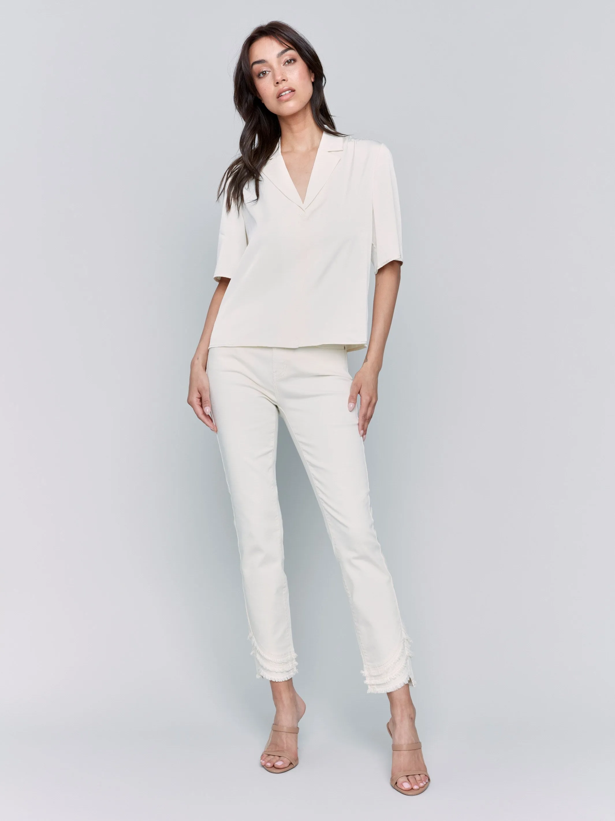 Short Sleeve Satin Button-Up Shirt - Ecru