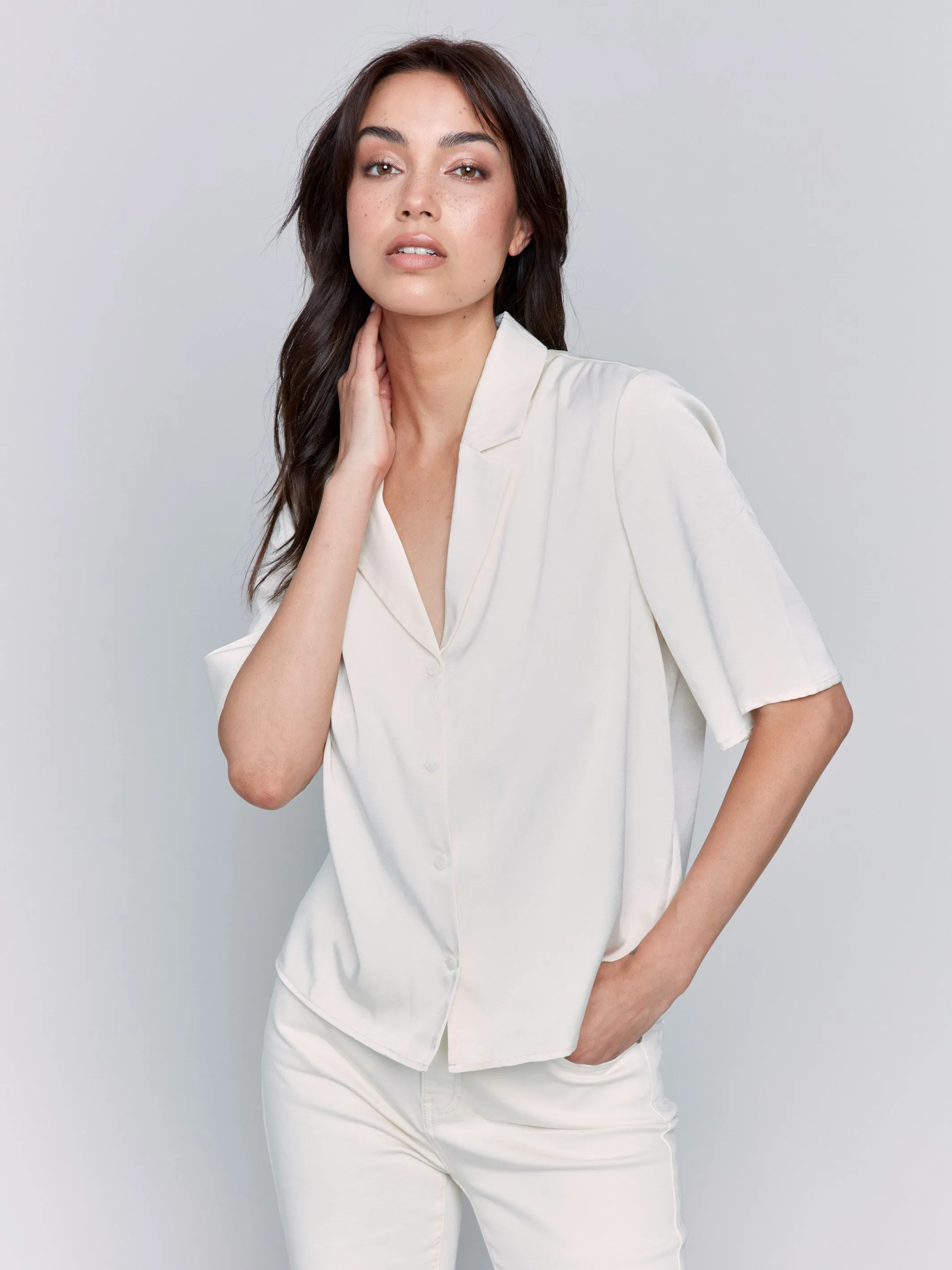 Short Sleeve Satin Button-Up Shirt - Ecru