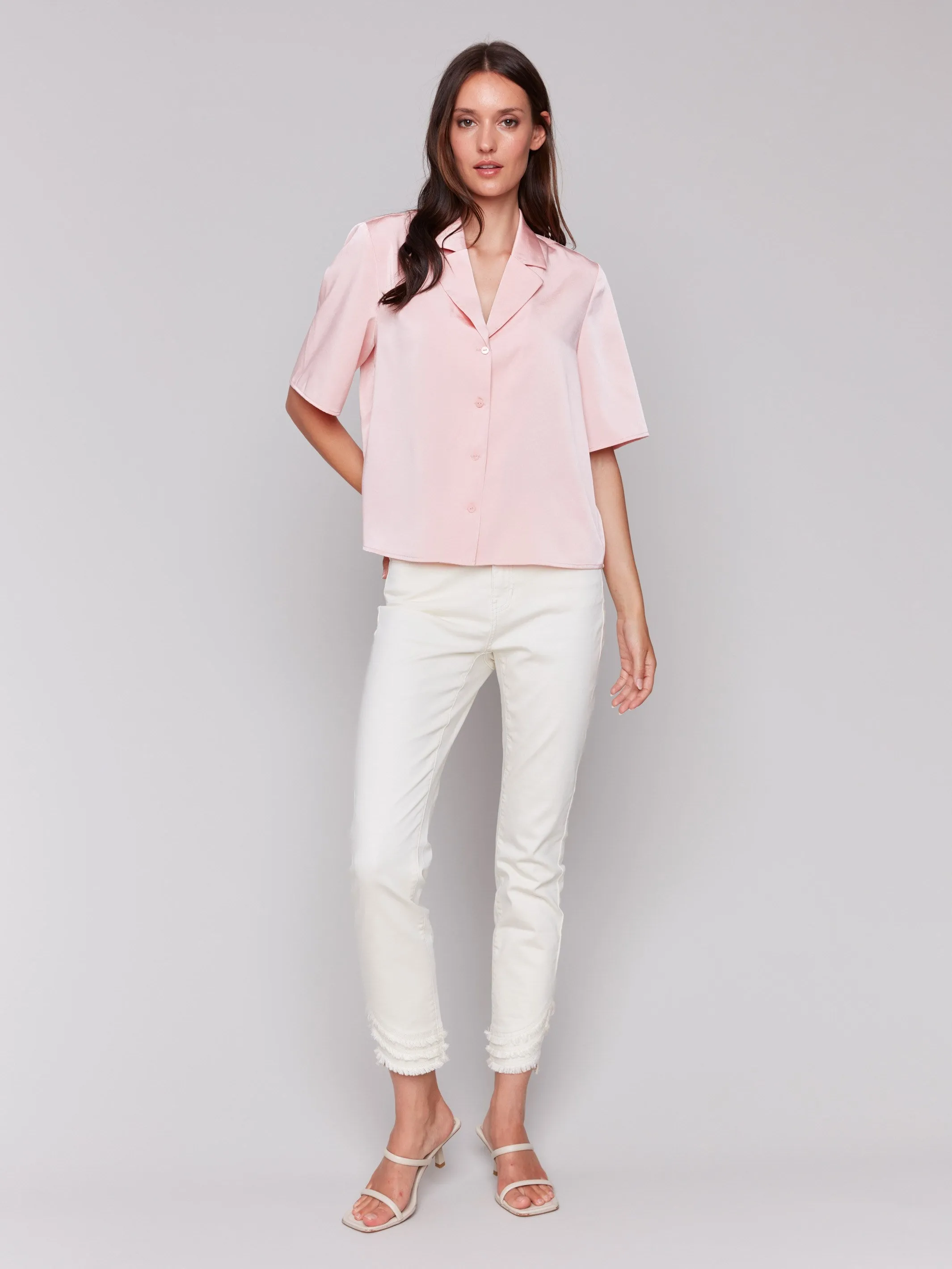 Short Sleeve Satin Button-Up Shirt - Guava