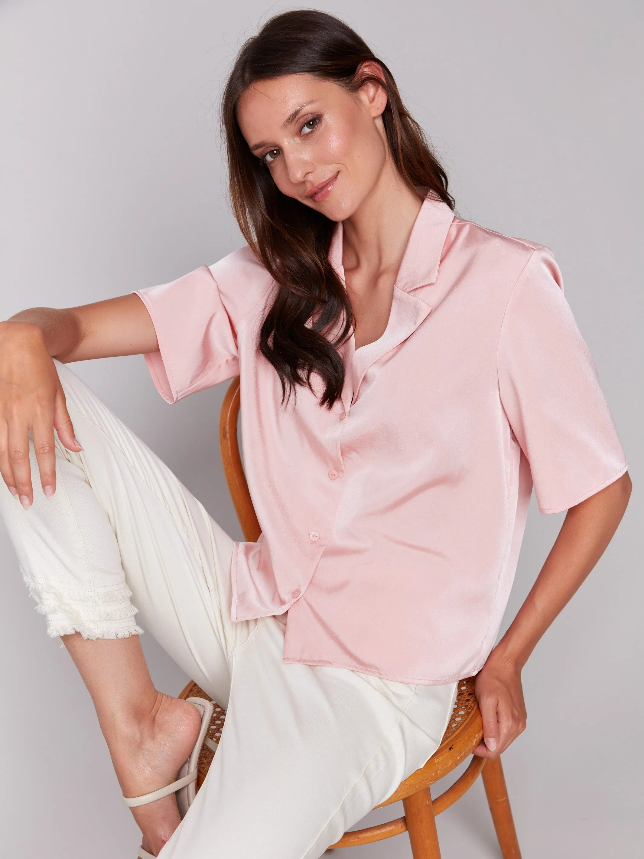 Short Sleeve Satin Button-Up Shirt - Guava