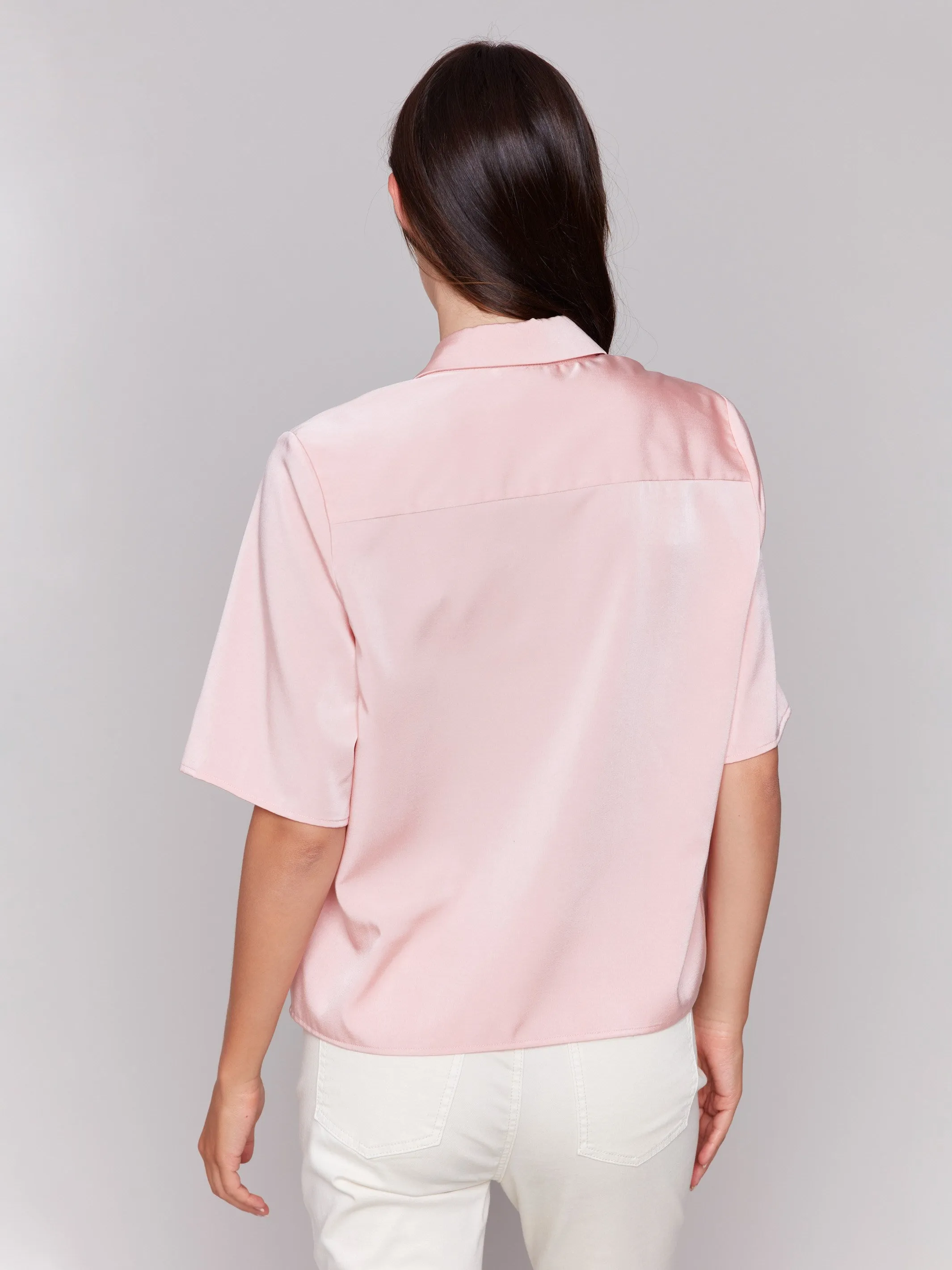 Short Sleeve Satin Button-Up Shirt - Guava