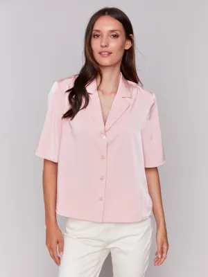 Short Sleeve Satin Button-Up Shirt - Guava