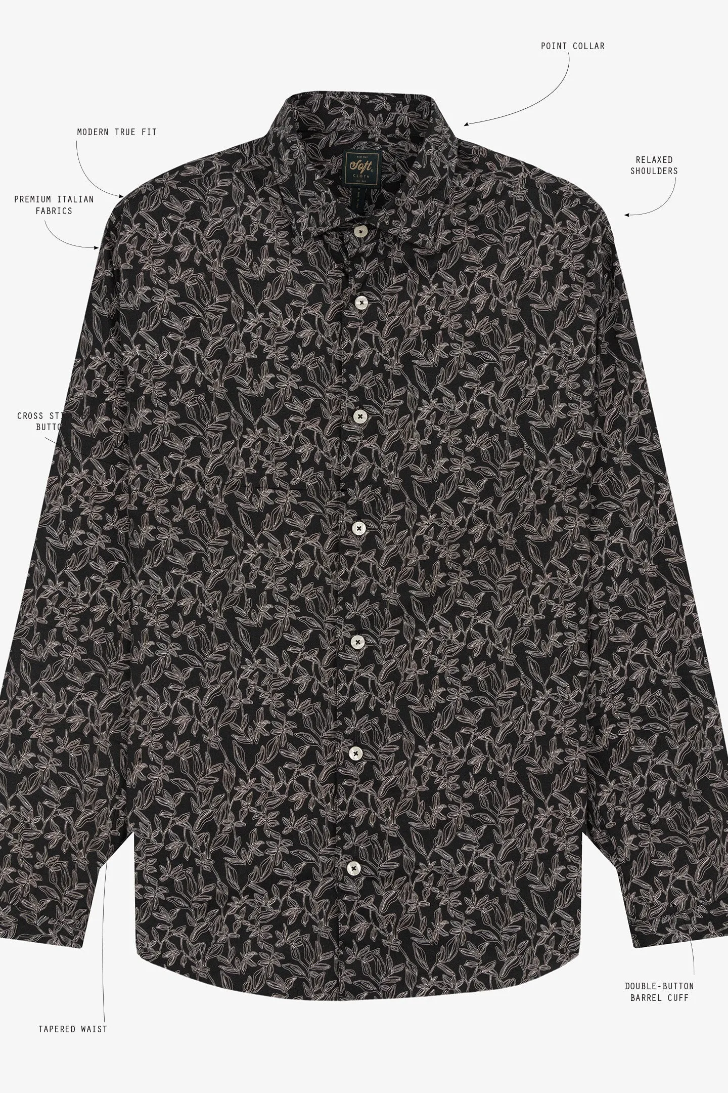 Soft Cloth Point Collar Shirt in Italian Print Woven - Black Stencil Leaf Print