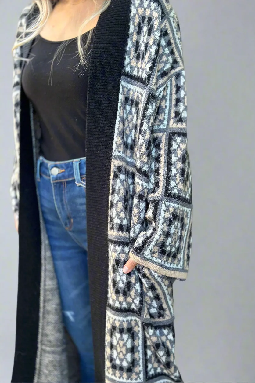 Square Pattern Open Duster - Black Multi