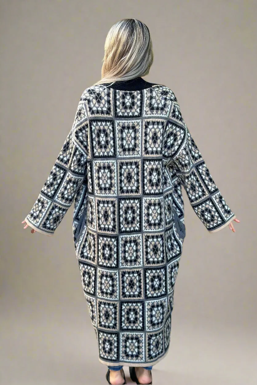 Square Pattern Open Duster - Black Multi