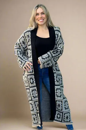 Square Pattern Open Duster - Black Multi