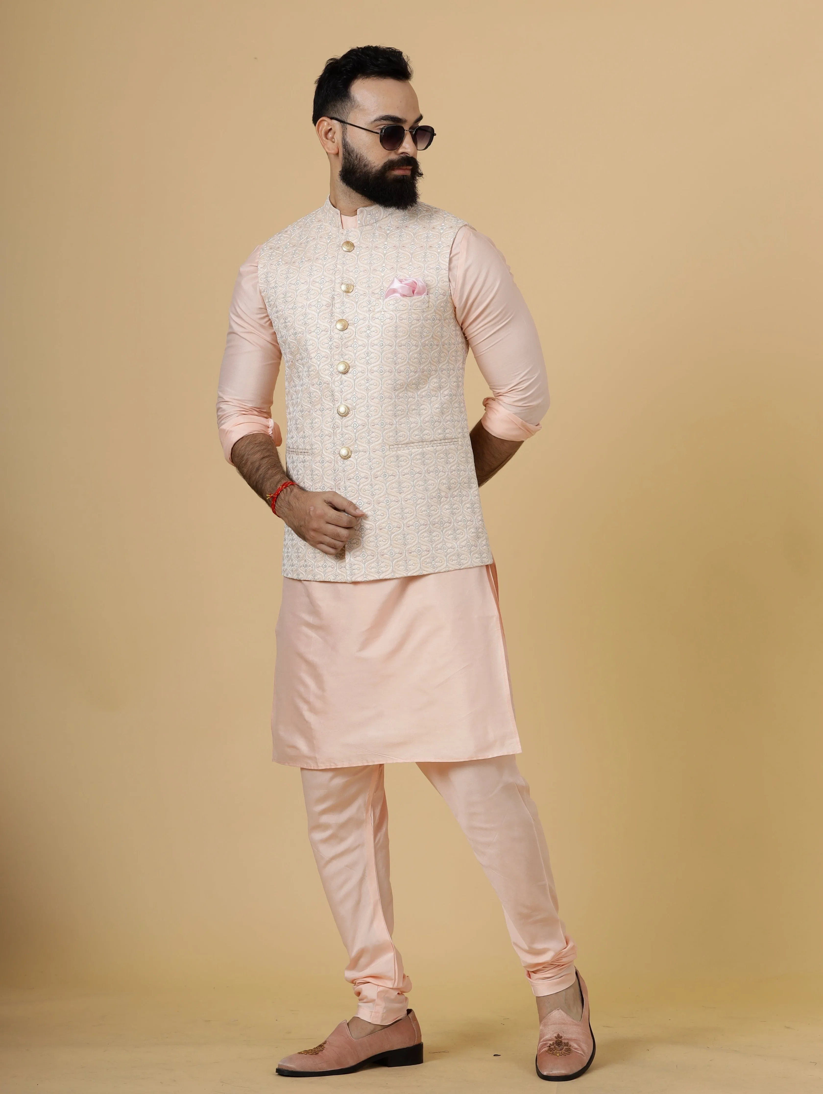 Stunning Peach Thread Embroidered Half Jodhpuri Jacket with Peach Kurta-Pajama for Men