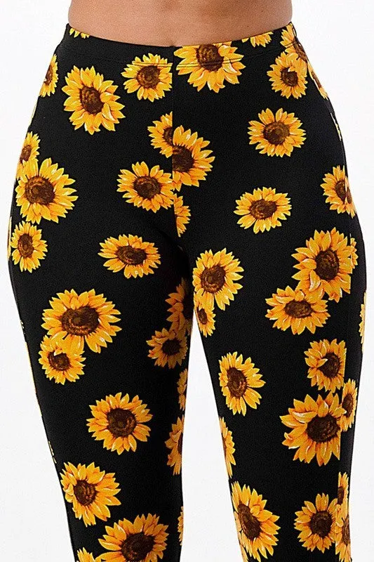 Sunflower Print Bell Bottom Leggings