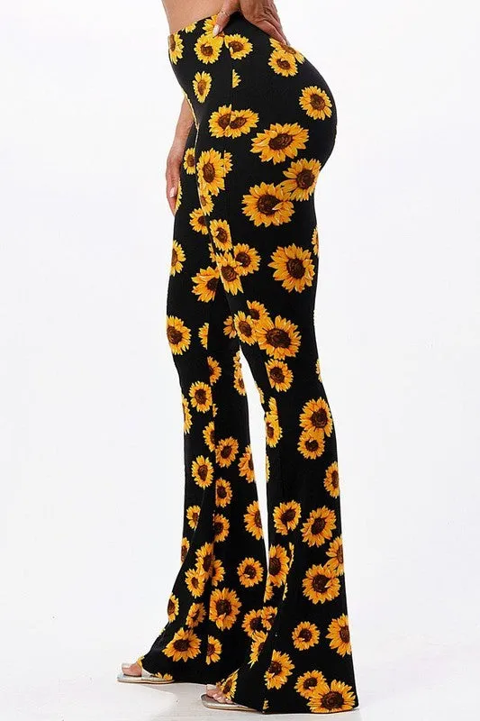 Sunflower Print Bell Bottom Leggings