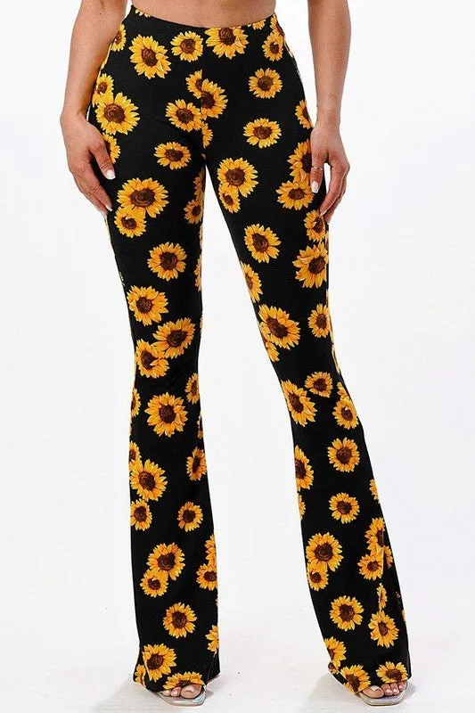 Sunflower Print Bell Bottom Leggings