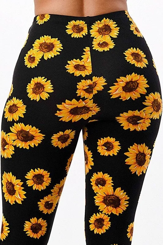 Sunflower Print Bell Bottom Leggings