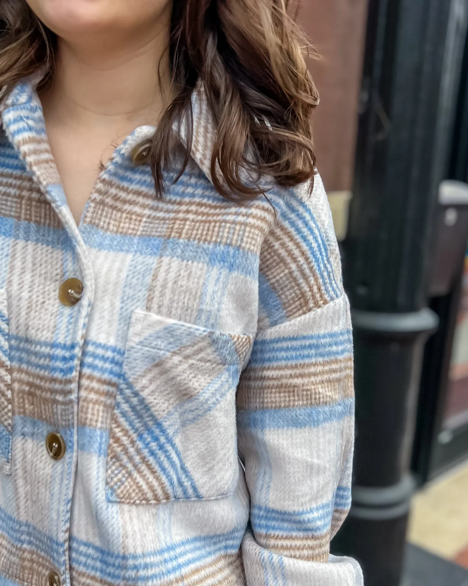 Taupe/Blue Plaid Button Down Jacket