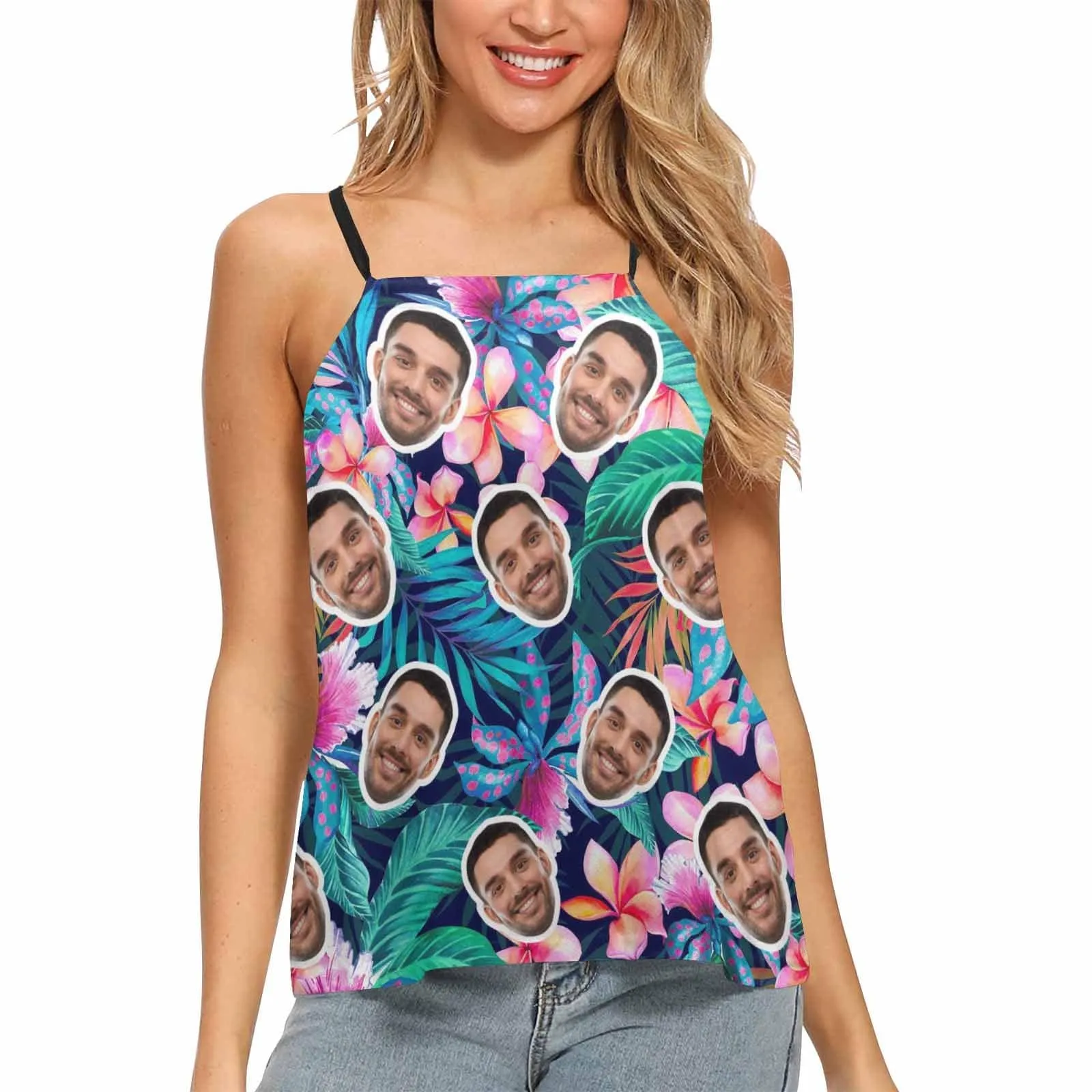 Tops with Custom Face Tropical Plants Women's Loose Fit Adjustable Halter Neck Tank Top