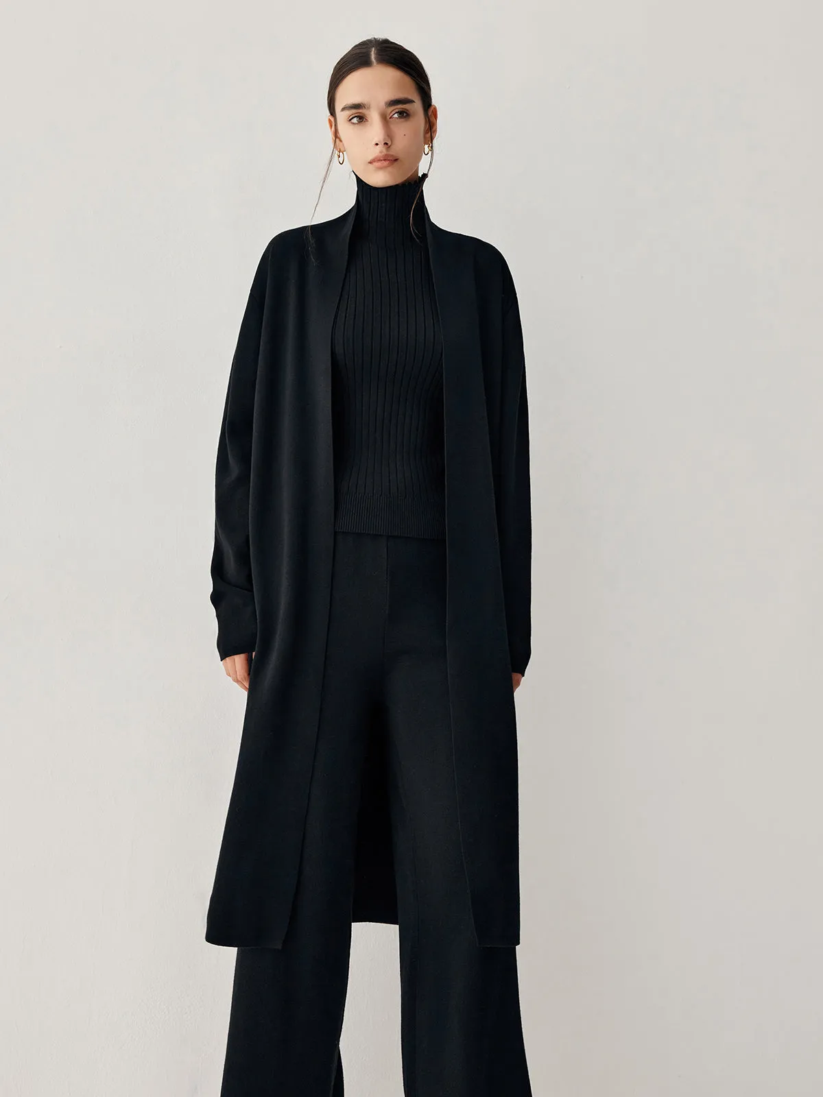 Turtleneck Rib Vest With Modern Matching Longline Cardigan And Pants