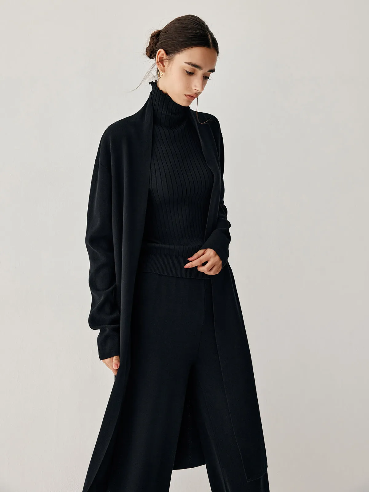 Turtleneck Rib Vest With Modern Matching Longline Cardigan And Pants