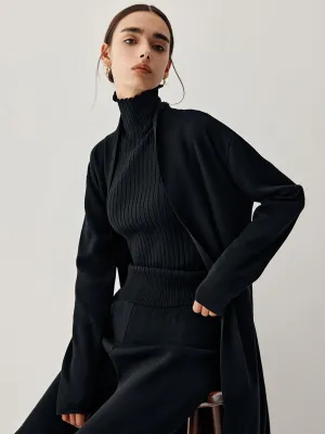 Turtleneck Rib Vest With Modern Matching Longline Cardigan And Pants