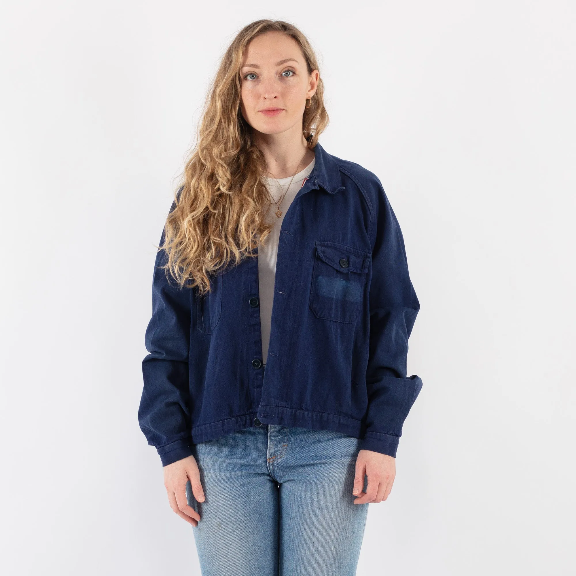 Vintage 70's Women Cropped Work Jacket in Blue