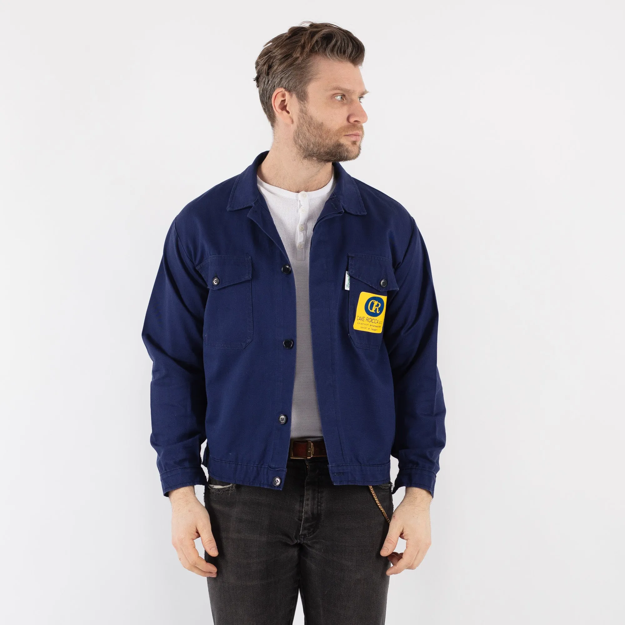 Vintage 80's Men Cropped Italian Work Jacket in Blue