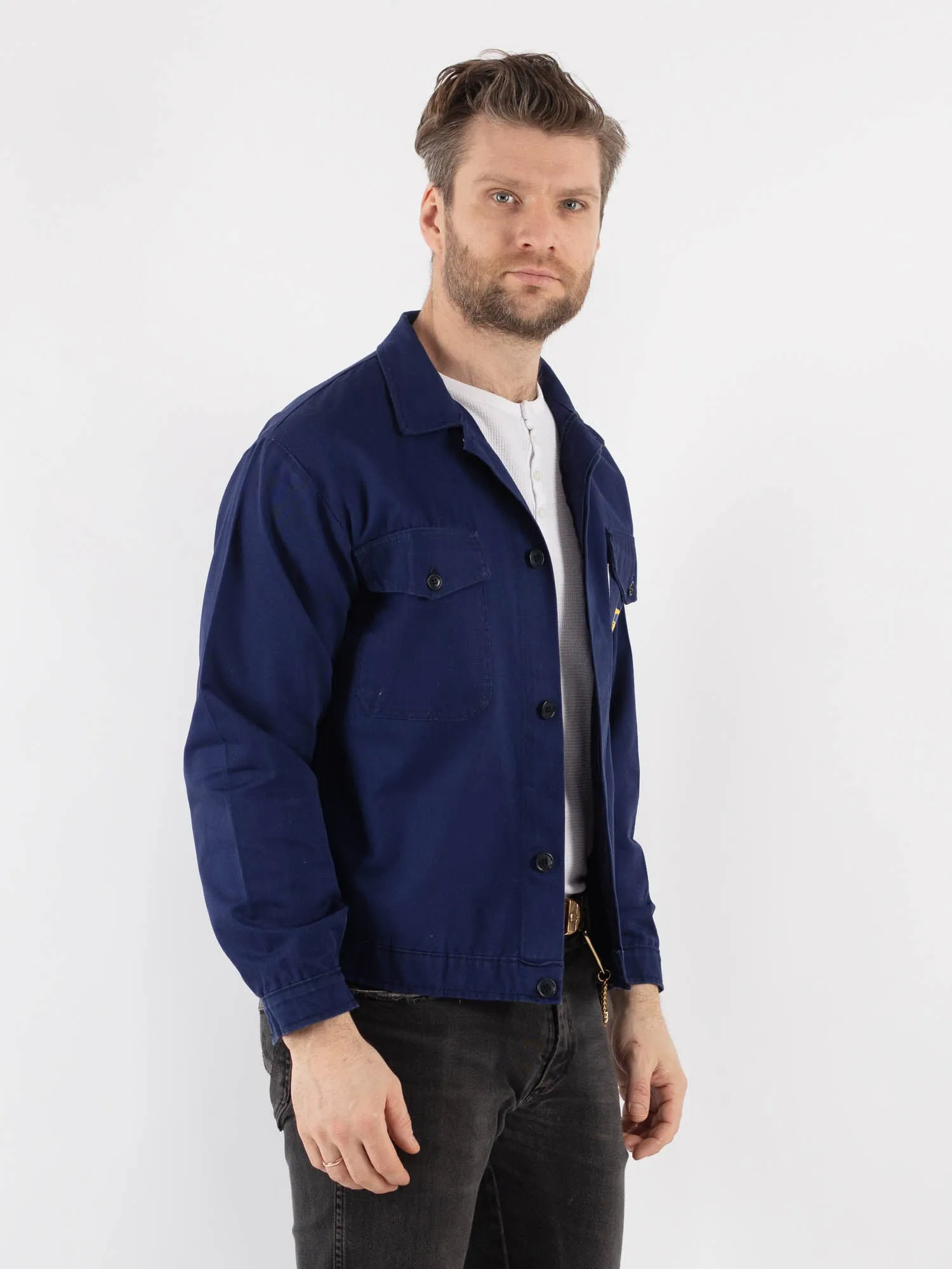 Vintage 80's Men Cropped Italian Work Jacket in Blue