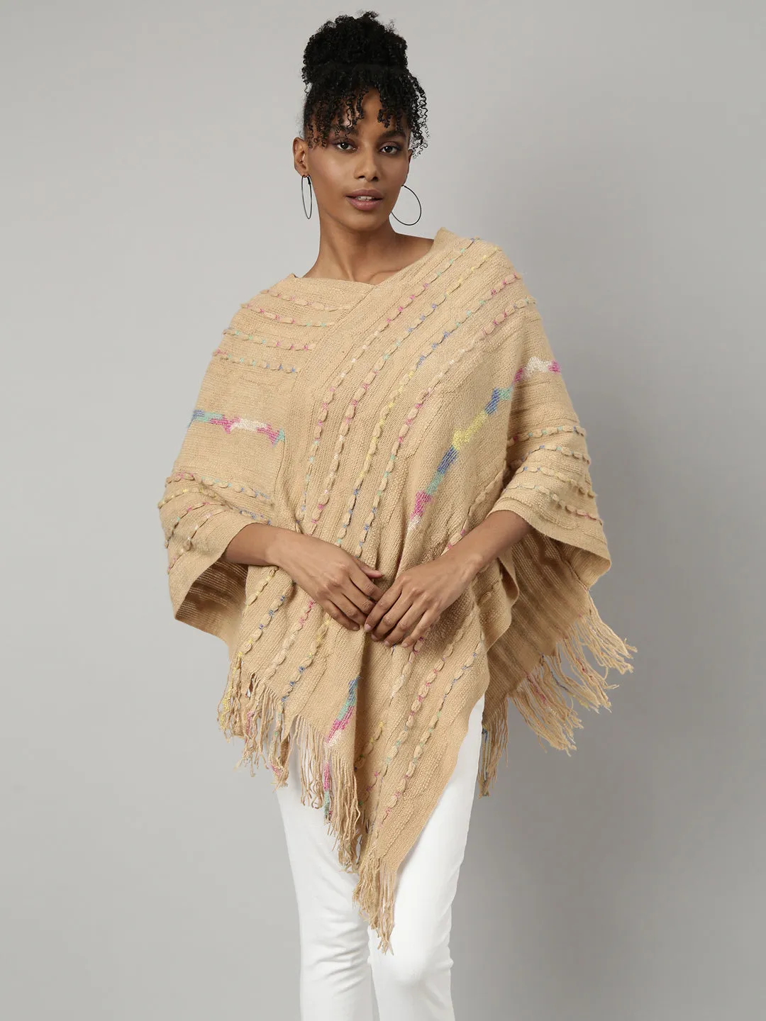 Women Beige V-Neck Striped Longline Fringed Poncho