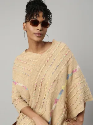 Women Beige V-Neck Striped Longline Fringed Poncho