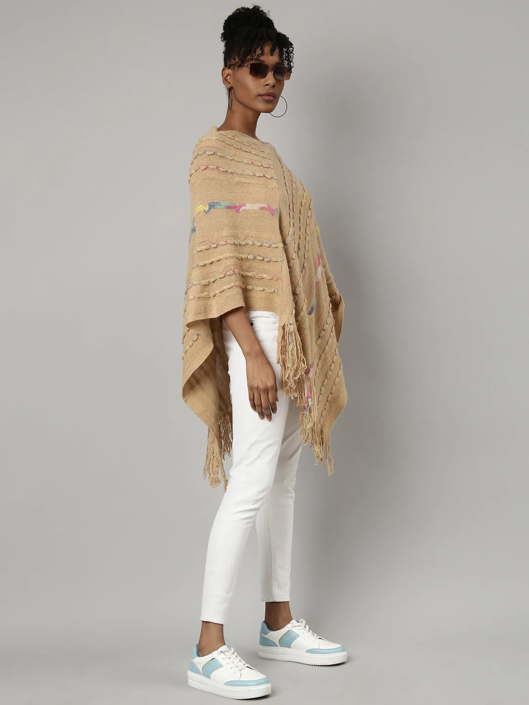 Women Beige V-Neck Striped Longline Fringed Poncho