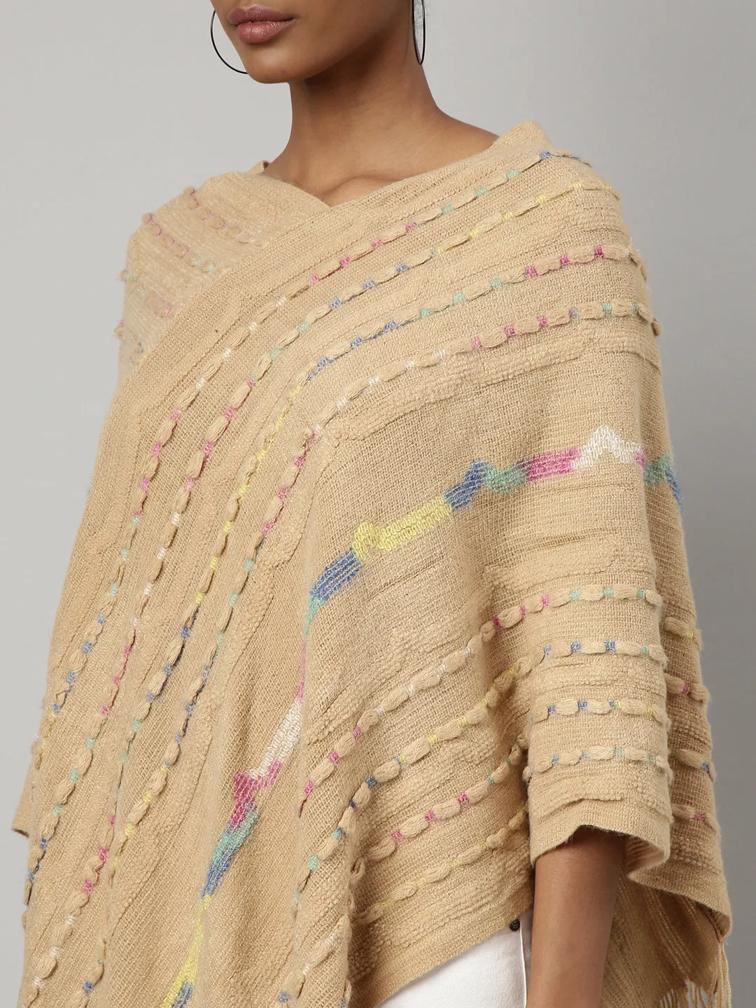 Women Beige V-Neck Striped Longline Fringed Poncho