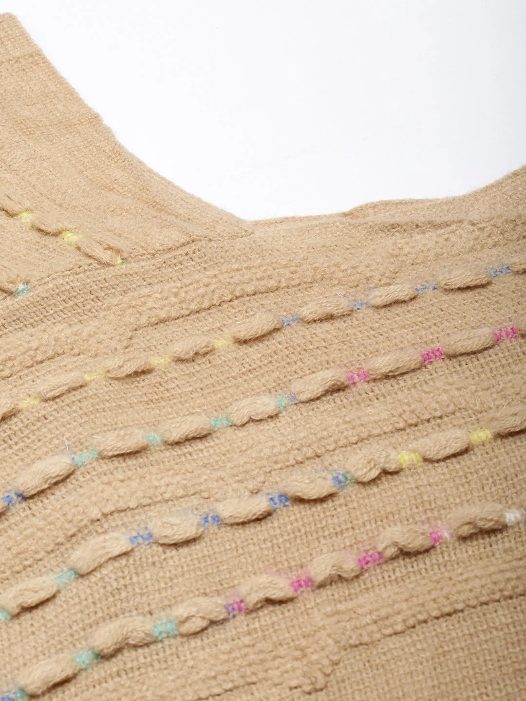 Women Beige V-Neck Striped Longline Fringed Poncho