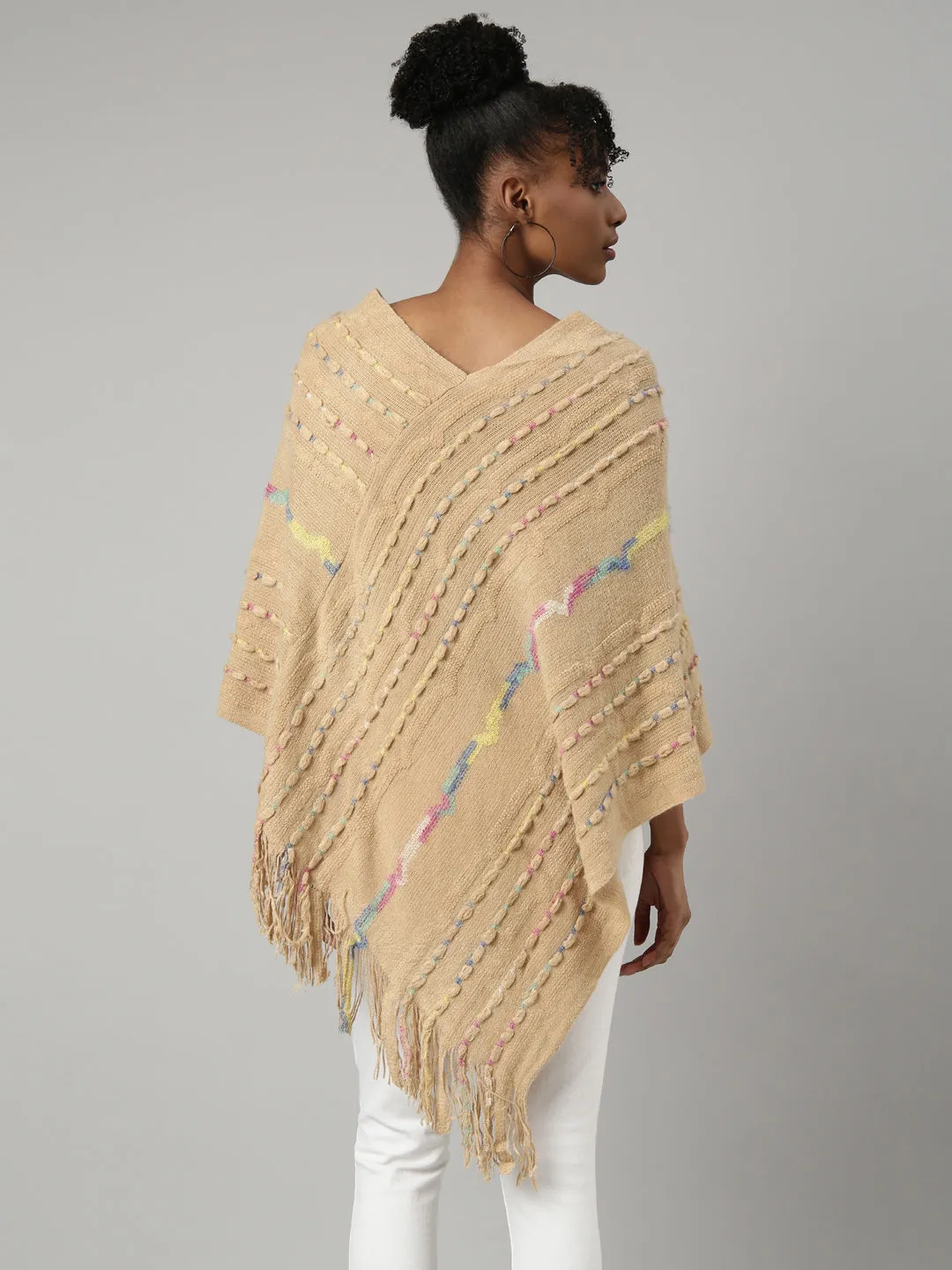 Women Beige V-Neck Striped Longline Fringed Poncho