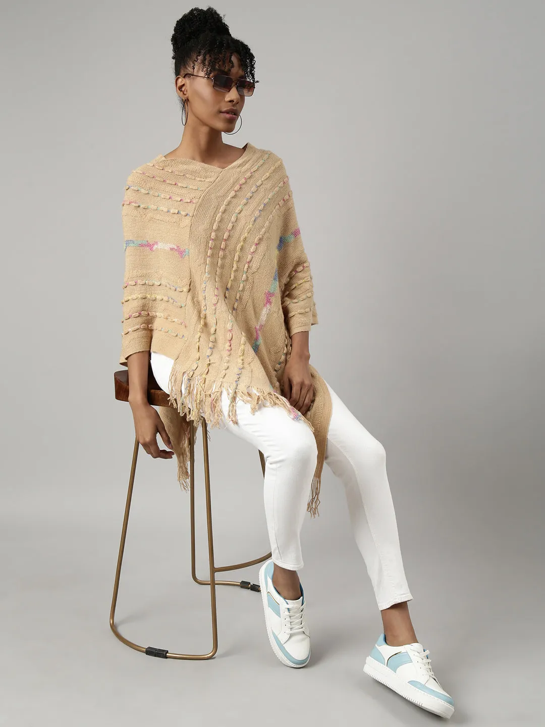 Women Beige V-Neck Striped Longline Fringed Poncho