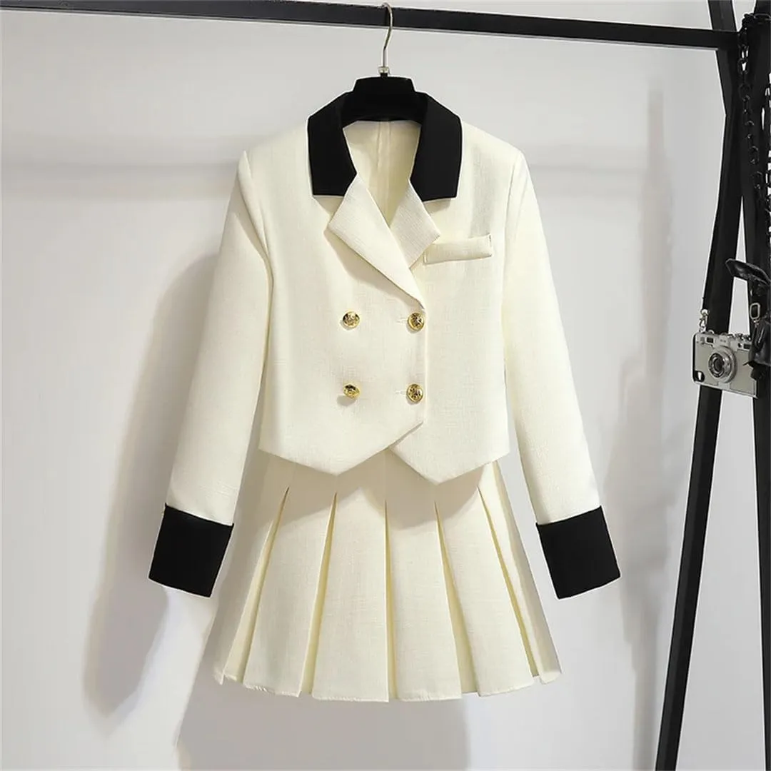 Women Blazer Jacket and Pleated Mini Skirt Set Piece Outfit