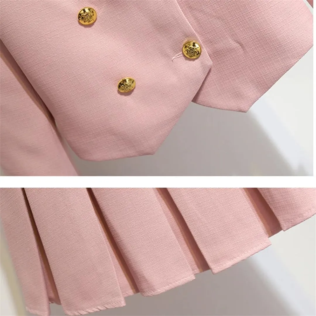 Women Blazer Jacket and Pleated Mini Skirt Set Piece Outfit